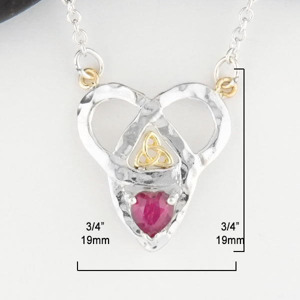 3/4 by 3/4 inch Trinity Knot and Heart Shaped Ruby Necklace