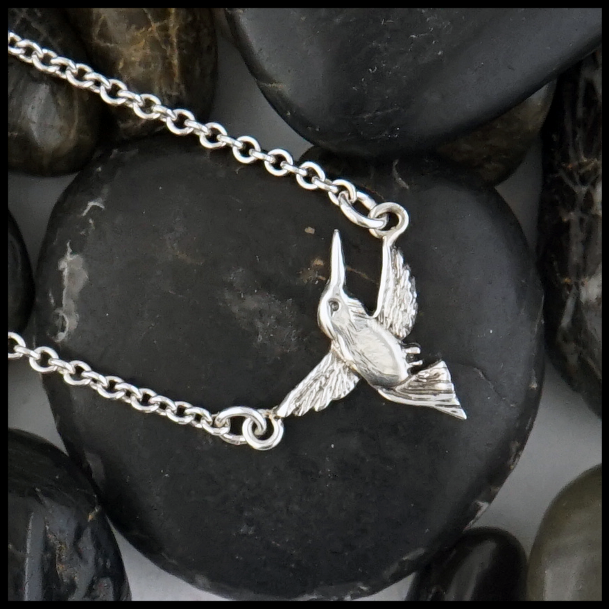 Hummingbird in Sterling Silver with an option for 16" or 18" Cable Chain.