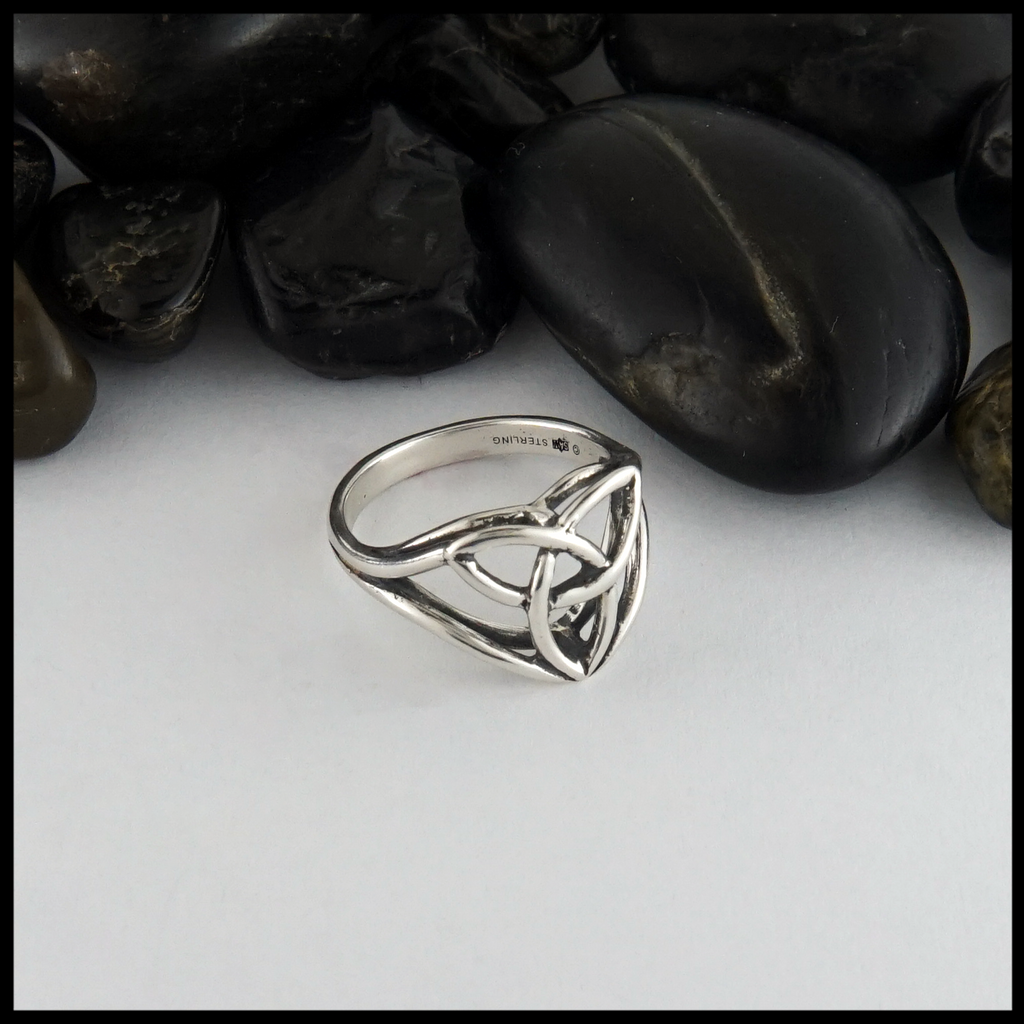 Trinity Knot ring in Sterling Silver with a cathedral profile.