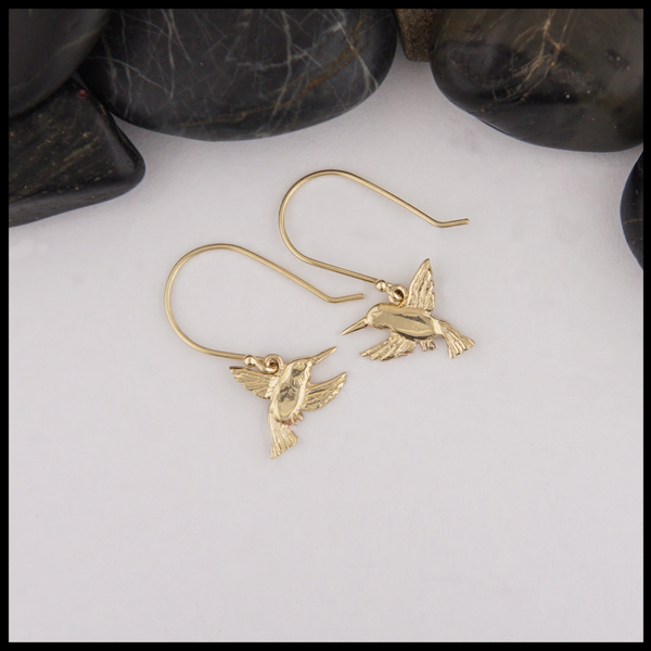 Gold hummingbird drop earrings
