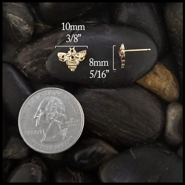 Bee post earrings in 14K yellow gold measure 3/8" by 5/16"