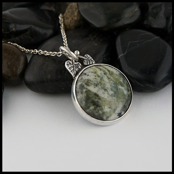 Rustic Leaf pendant with Connemara marble in silver