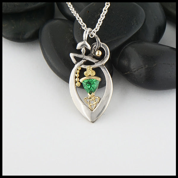 Custom Sterling Silver vine pendant with 14K yellow gold trinity and accent beads, set with a Tsavorite.