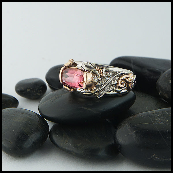 Pink Tourmaline and diamond custom ring in gold