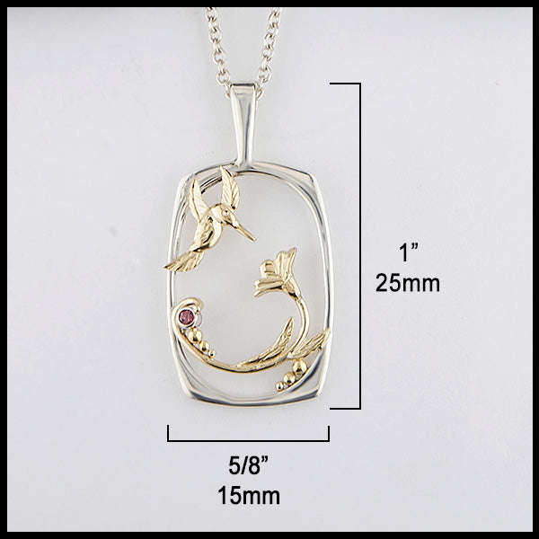 Hummingbird Flower Pendant in sterling silver and 14K Yellow gold with Rhodolite Garnet measures 1" by 5/8"