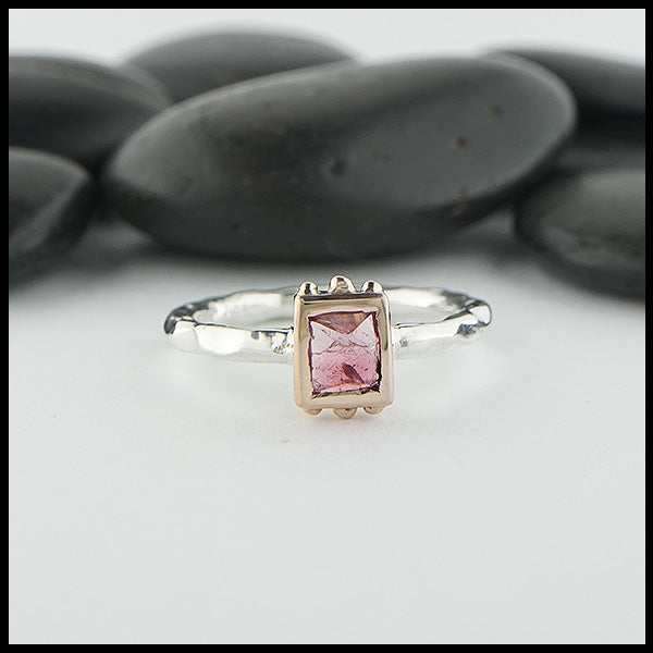 Custom, rustic, hand fabricated ring in sterling silver with a 14K Rose gold bezel and bead accents, set with a Rose Cut Pink Tourmaline.