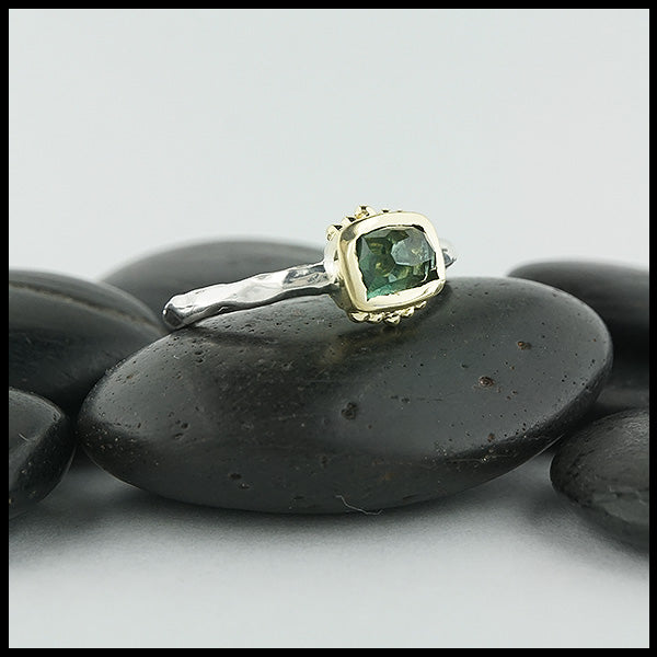 Rose cut green tourmaline ring in silver and gold