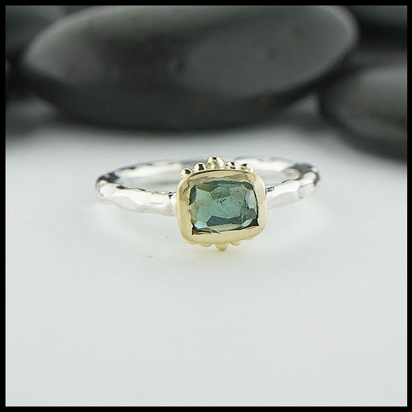 Rose cut green tourmaline ring in silver and gold