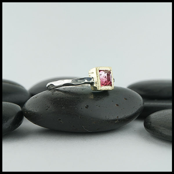 Custom, rustic, hand fabricated ring in sterling silver with a textured 18K yellow gold bezel, set with a Rose Cut Pink Tourmaline.