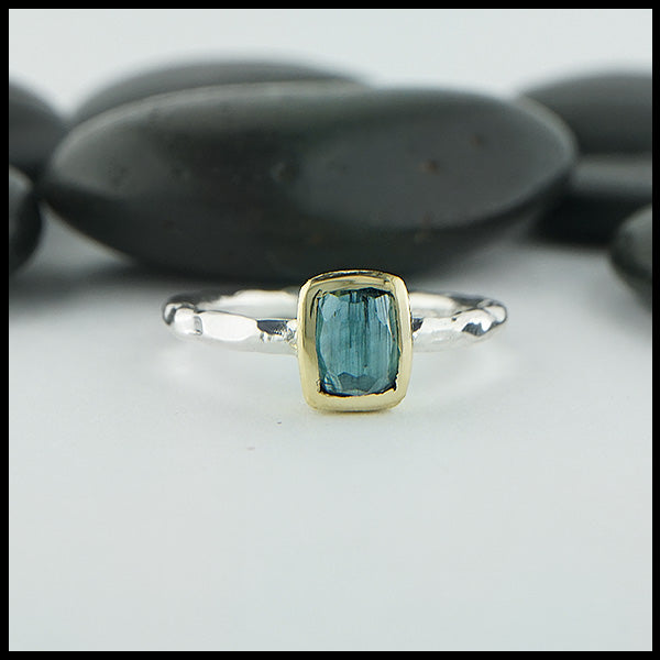 Rose cut blue tourmaline ring in silver and gold