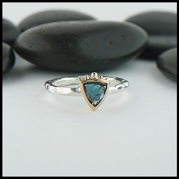 Rose Cut Blue Green Tourmaline ring in silver and gold