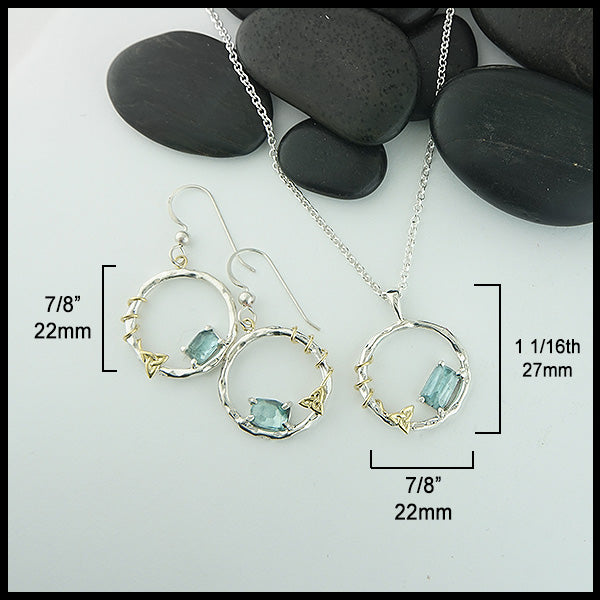 Earrings measure 7/8" by 7/8". Pendant measures 7/8" by 1 1/16"
