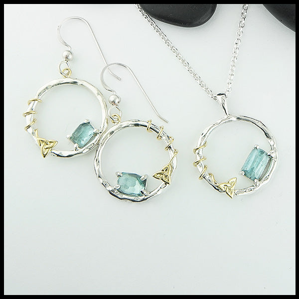 Blue Tourmaline Pendant and Earring Set in Sterling Silver and 18K Yellow Gold