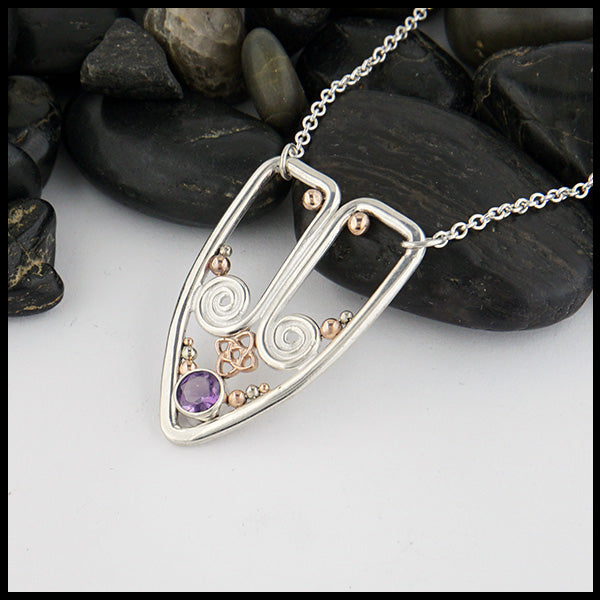 Sterling Silver necklace set with Amethyst, featuring spirals and beads in 14K Rose & White Gold. Pendant attached to 16" cable chain. 
