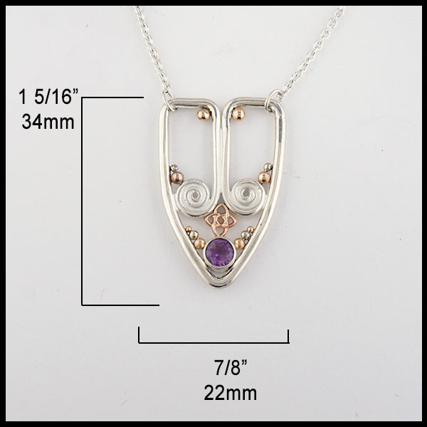 Sterling Silver necklace set with Amethyst, featuring spirals and beads in 14K Rose & White Gold. Pendant measurements are 1 5/16" by 7/8".