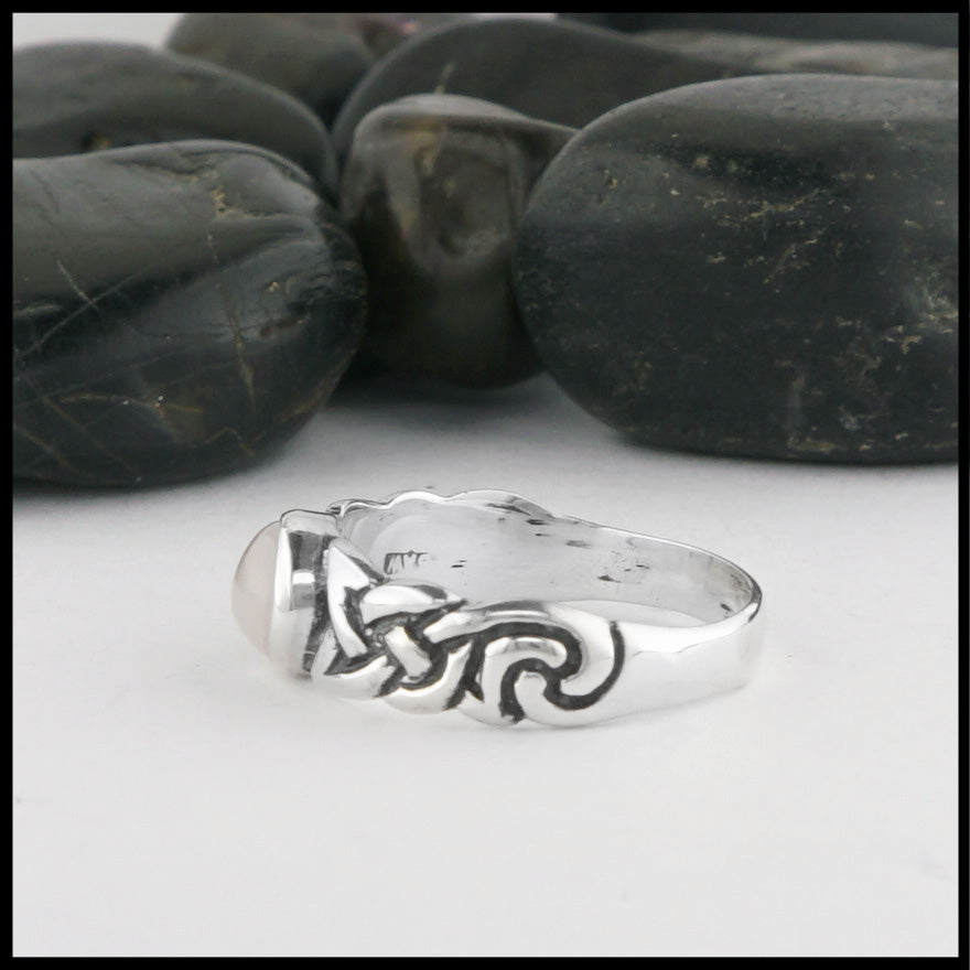 side view of the Limited Edition Ban Tigherna Celtic Ring with Rose Quartz