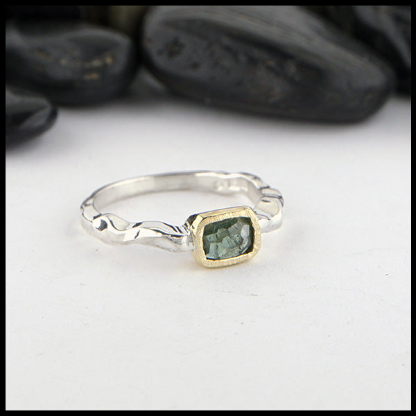 Sterling Silver and 18K yellow gold ring set with a Rose Cut Green Tourmaline.