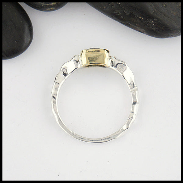 Profile view of Sterling Silver and 18K yellow gold ring set with a Rose Cut Green Tourmaline.