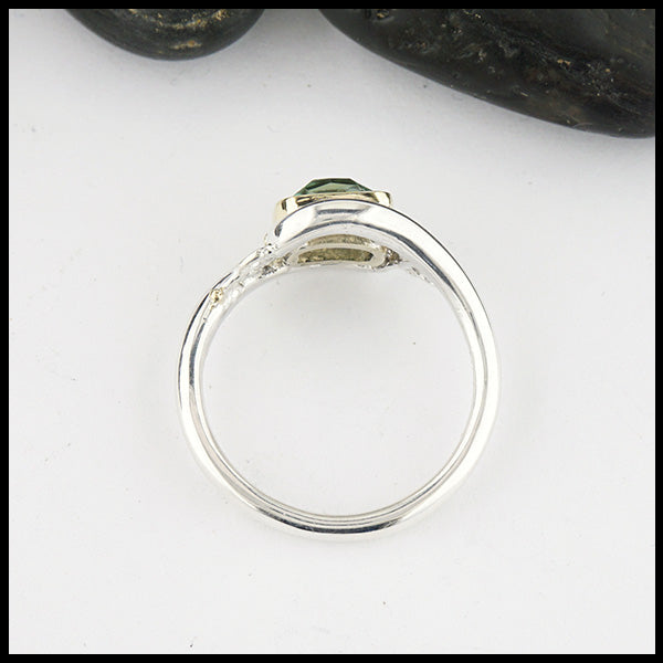 Profile view of Sterling Silver and 18K yellow gold ring set with a Rose Cut Mint Green Tourmaline with trinity knot accents.