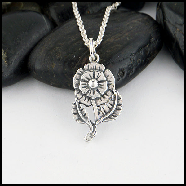 Front view of the English Rose Pendant in Sterling Silver shown on a Sterling Silver Cable Chain.