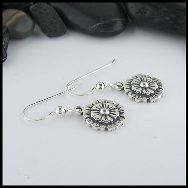 Profile view of English Rose drop earrings in Sterling Silver.