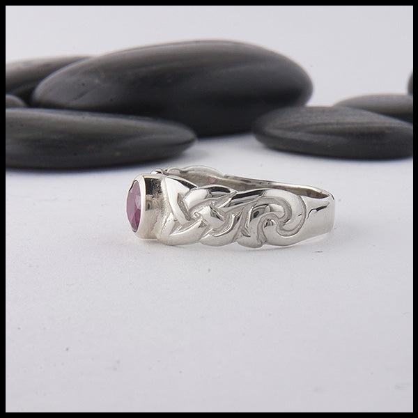 celtic knot ring in white gold with ruby