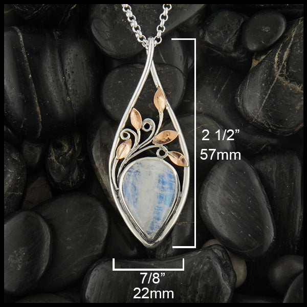 Moonstone pendant in Silver and Rose Gold measures 2 1/2" by 7/8"
