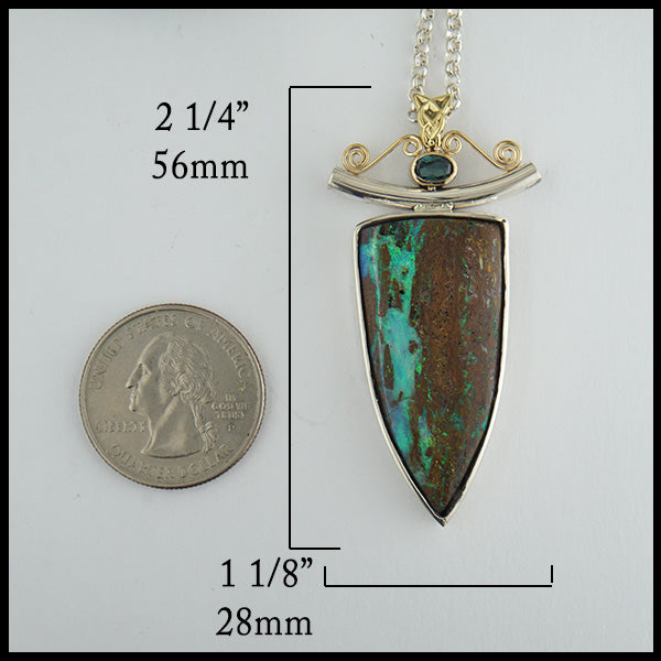 Custom Opal and Tourmaline Pendant measures 2 1/4" by 1 1/8". 