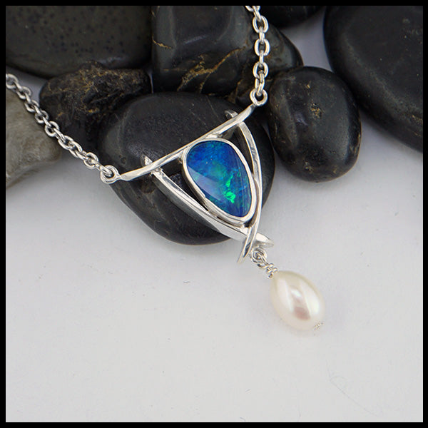 Opal Doublet and Pearl Necklace in silver