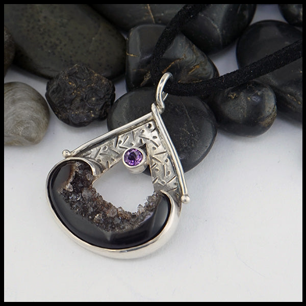 Druzy Onyx and Amethyst custom pendant in sterling silver