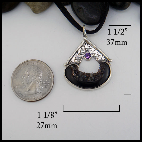 Druzy Onyx and Amethyst custom pendant in sterling silver measures 1 1/2" by 1 1/8"