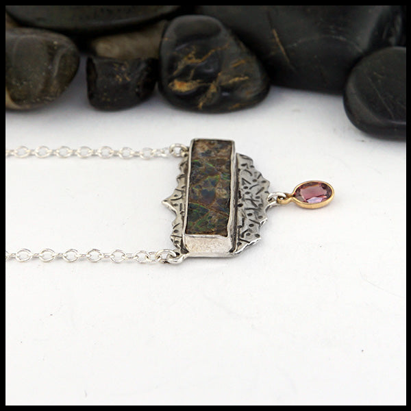 Ammolite and pink tourmaline mountain pendant