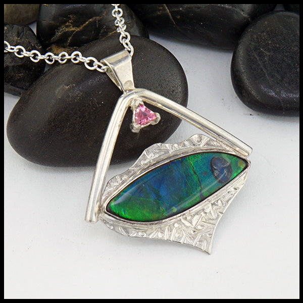 Ammolite and pink tourmaline free form pendant
