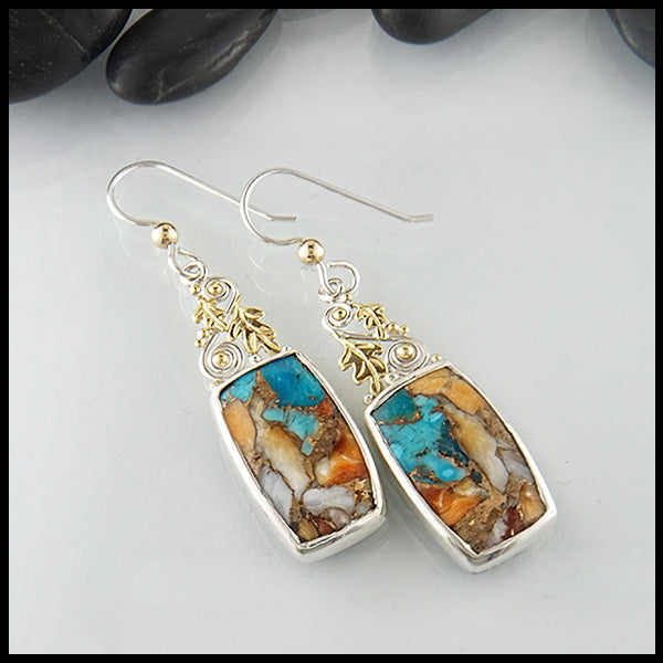 Earrings with Turquoise and Shell composite, set in Sterling Silver with 18K Yellow gold oak leaf details