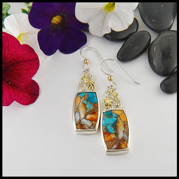 Earrings with Turquoise and Shell composite, set in Sterling Silver with 18K Yellow gold oak leaf details