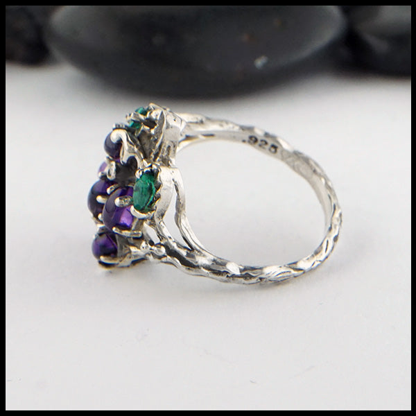 Custom Grape ring in Sterling Silver, set with oval Amethyst Cabochons, Marquise Emeralds, and diamonds. 