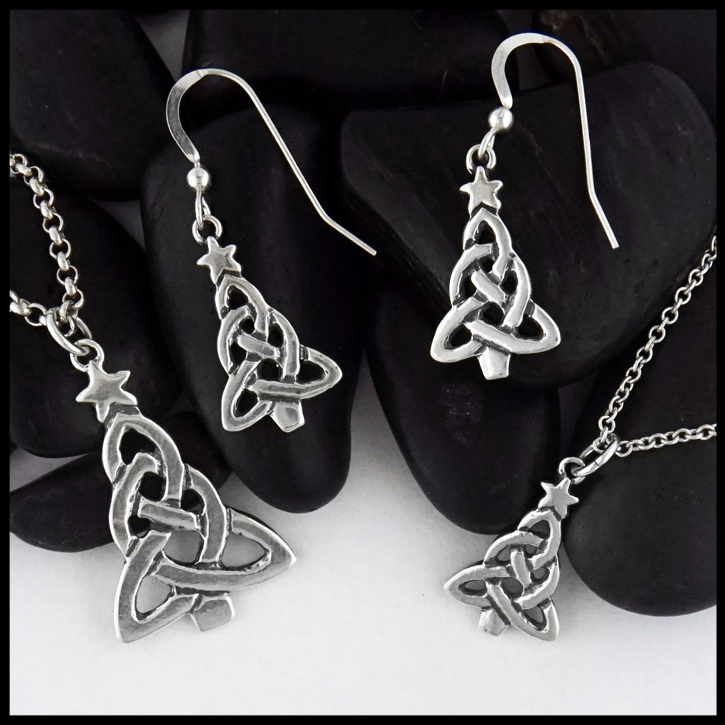 Sterling Silver Celtic Christmas Tree Pendant and Earring Set