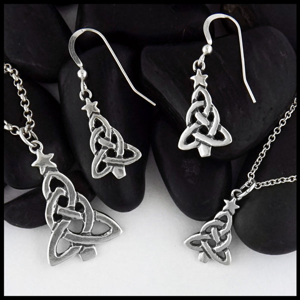 Sterling Silver Celtic Christmas Tree Pendant and Earring Set