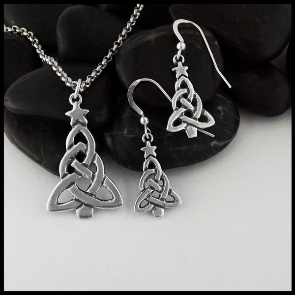 Sterling Silver Celtic Christmas Tree Pendant and Earring Set