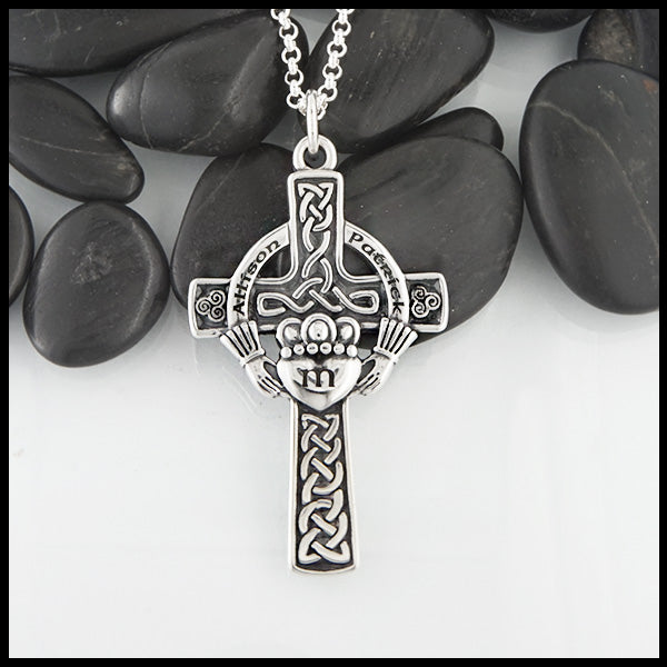 Personalized Claddagh cross in sterling silver