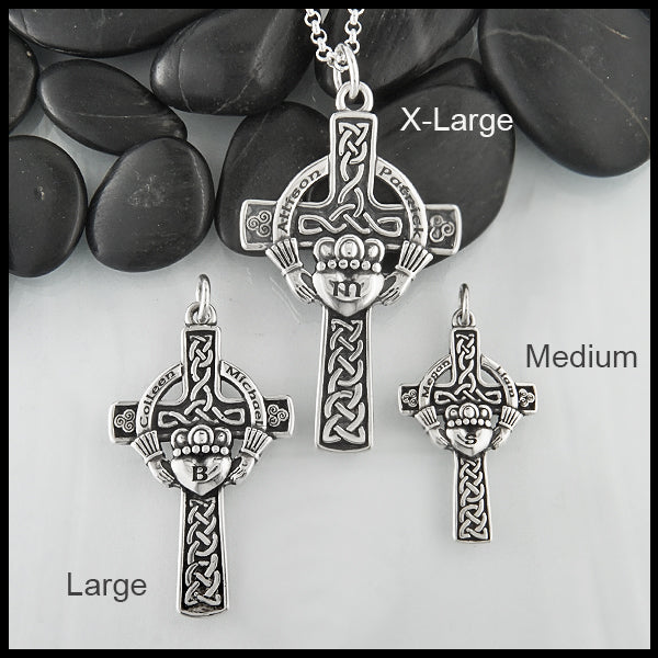 Personalized Claddagh crosses in Extra Large, Large, and Medium in sterling silver