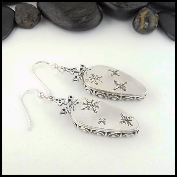Hand carved snowflakes on reverse side of dendritic opal earrings