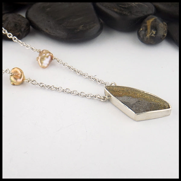 Rainbow Pyrite and Pearl necklace in silver