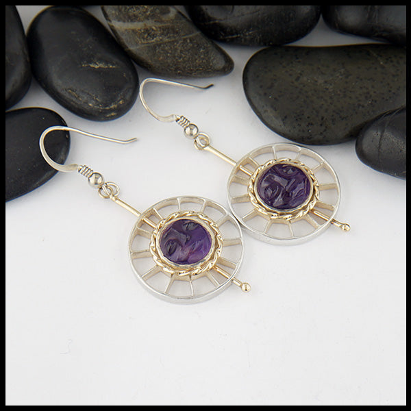 Carved Amethyst Earrings in 14K Yellow gold and sterling silver. 