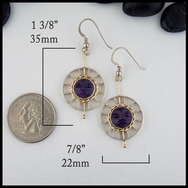 Carved Amethyst Earrings in 14K Yellow gold and sterling silver measure 1 /8" by 7/8".