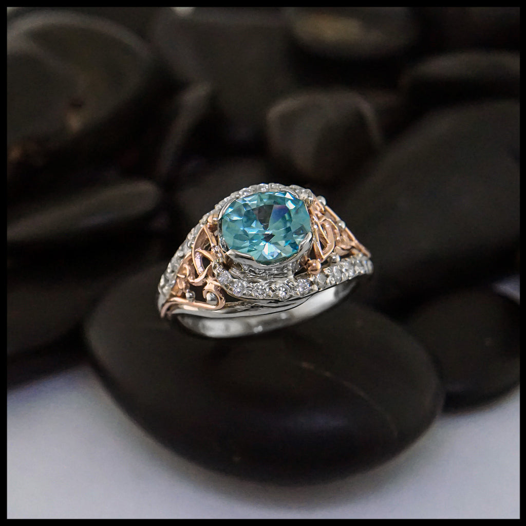 Blue Zircon and Diamond Ring