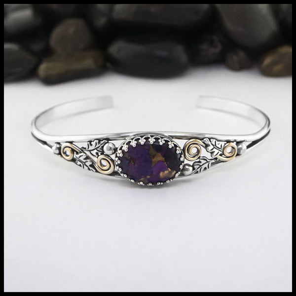 SS Oak Leaf Cuff Bracelet with Purple Turquoise