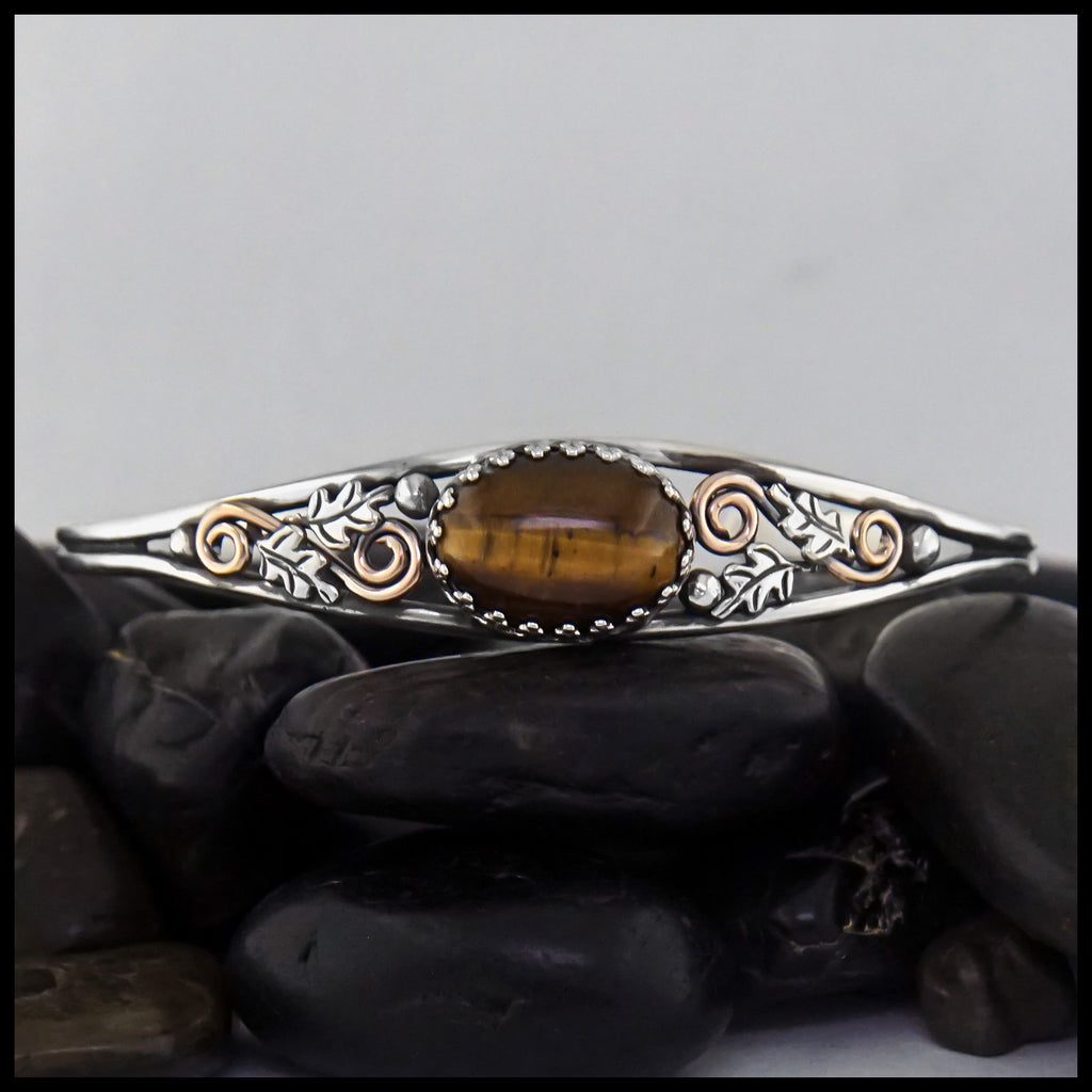 SS Oak Leaf Cuff Bracelet with Tigers Eye