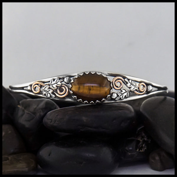 SS Oak Leaf Cuff Bracelet with Tigers Eye