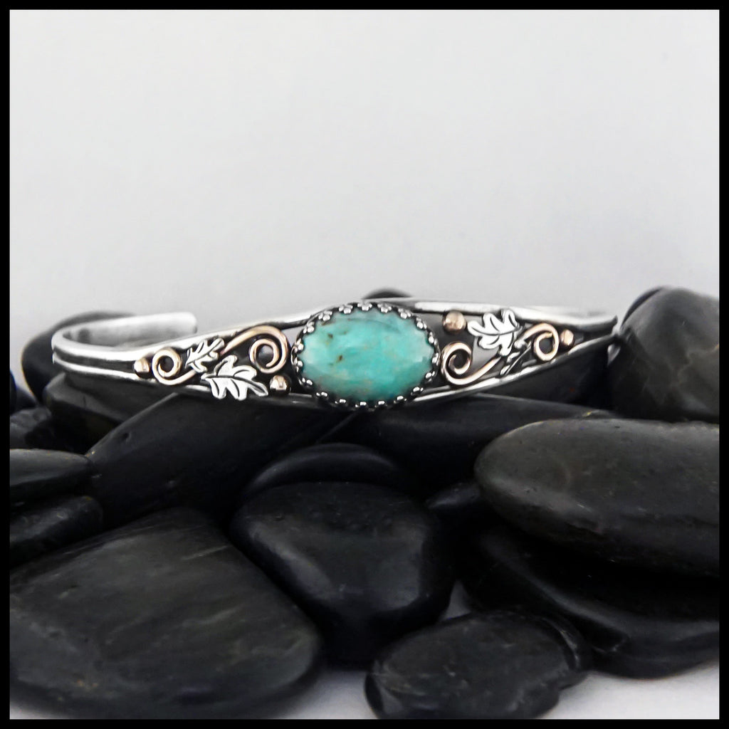 SS Oak Leaf Cuff Bracelet with Turquoise